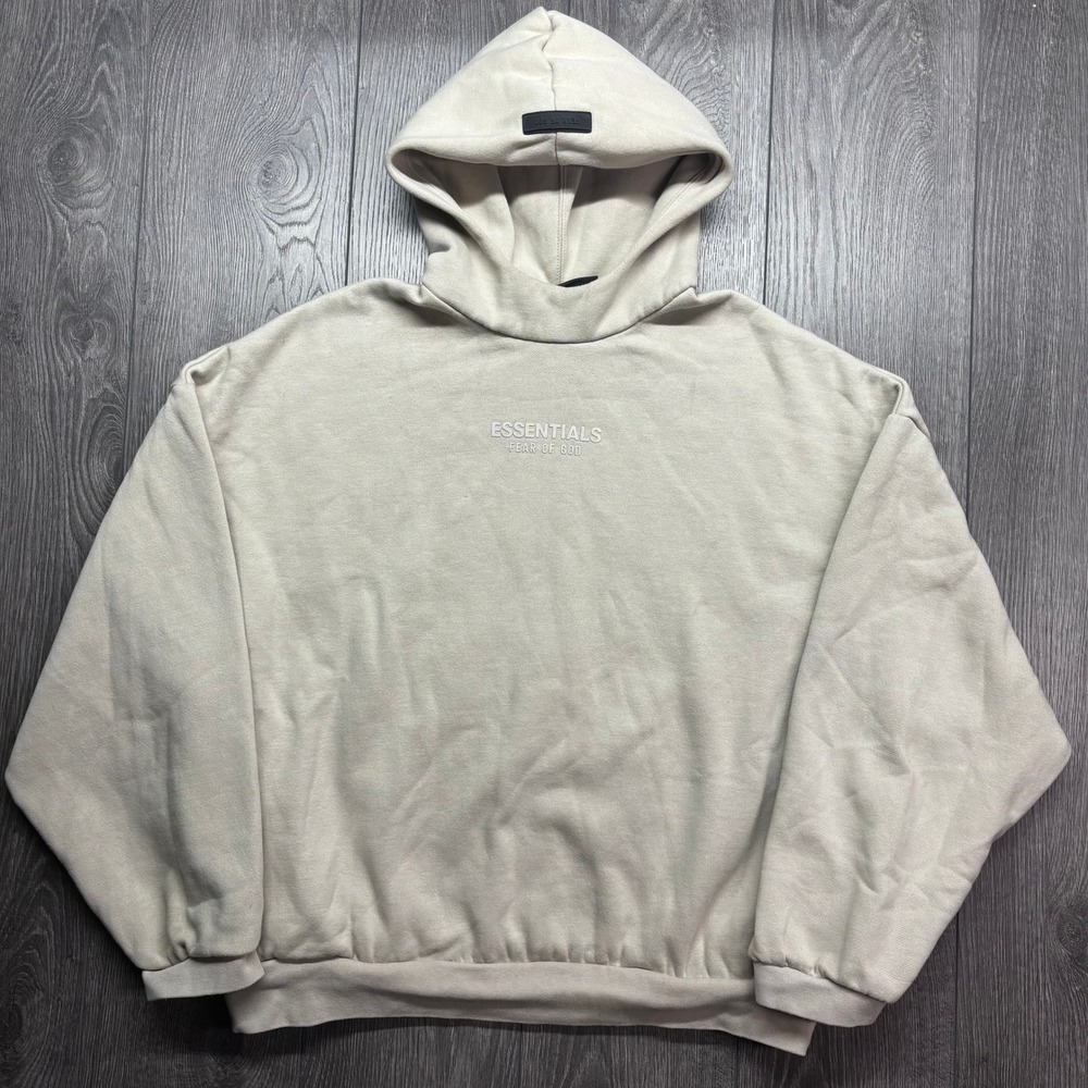 Fear of God Essentials Hoodie Mens Large Oatmeal Tan Boxy Pullover Sweatshirt
